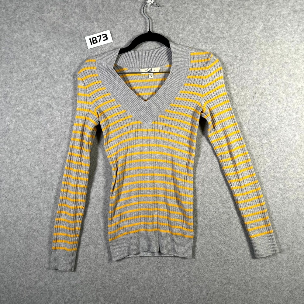 Vintage L.E.I. Sweater‎  Medium Gray Yellow Striped Ribbed Knit Long Sleeve